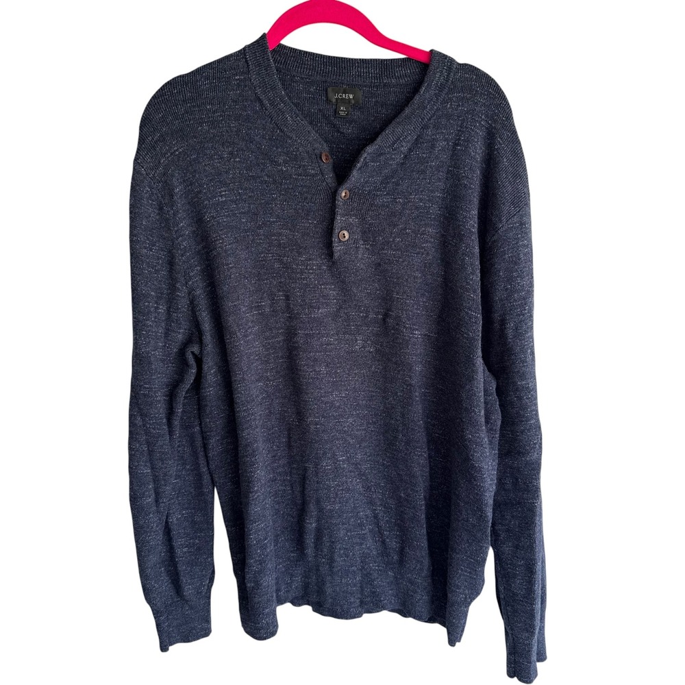 J. CREW Blue Heathered Cotton Long Sleeve Mens Crewneck Henley Top, XL